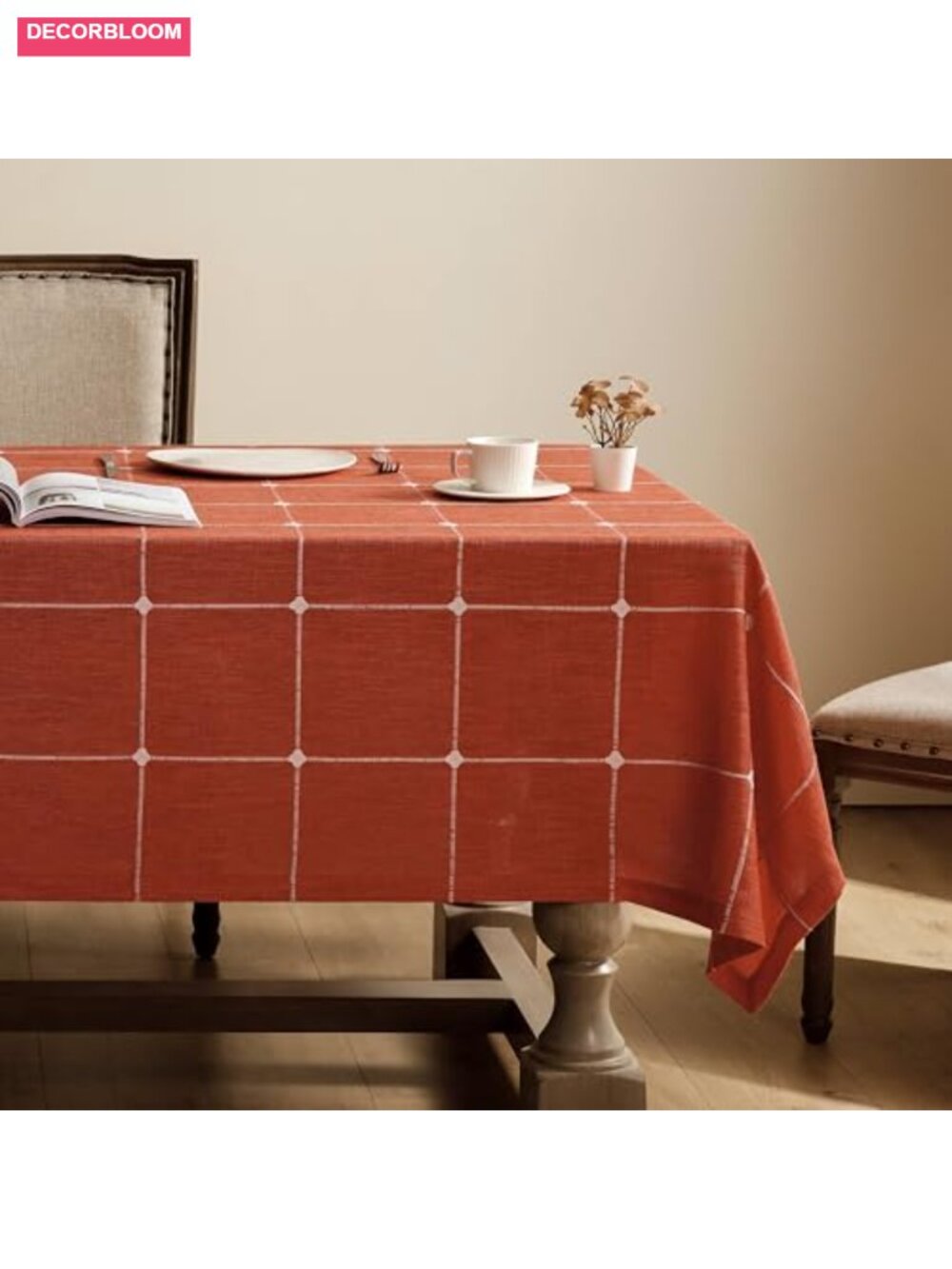 Linen Blend Grid Embroidered Rectangle Tablecloth 60x84in